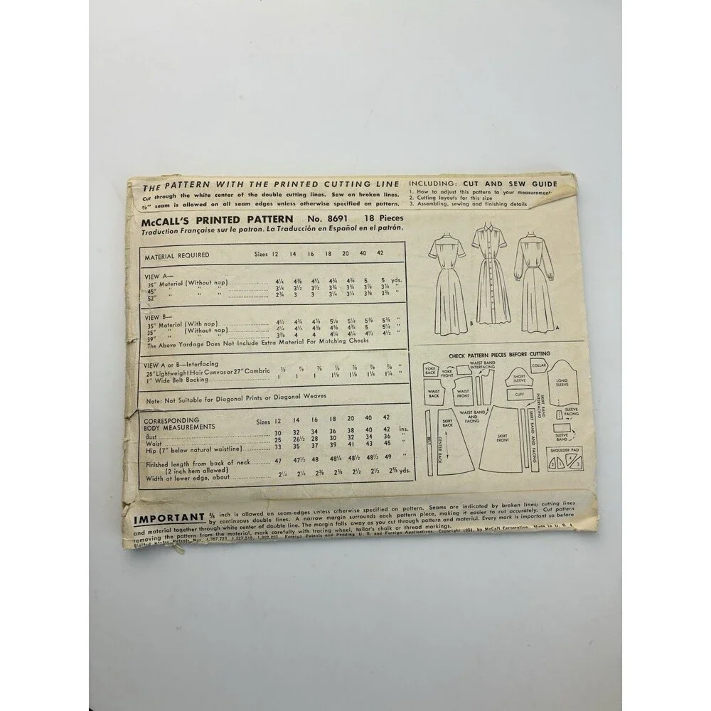 Shirtwaist Dress Buttons Swing Skirt Collar Uncut Pattern 8691 Size 12 Vtg 50s